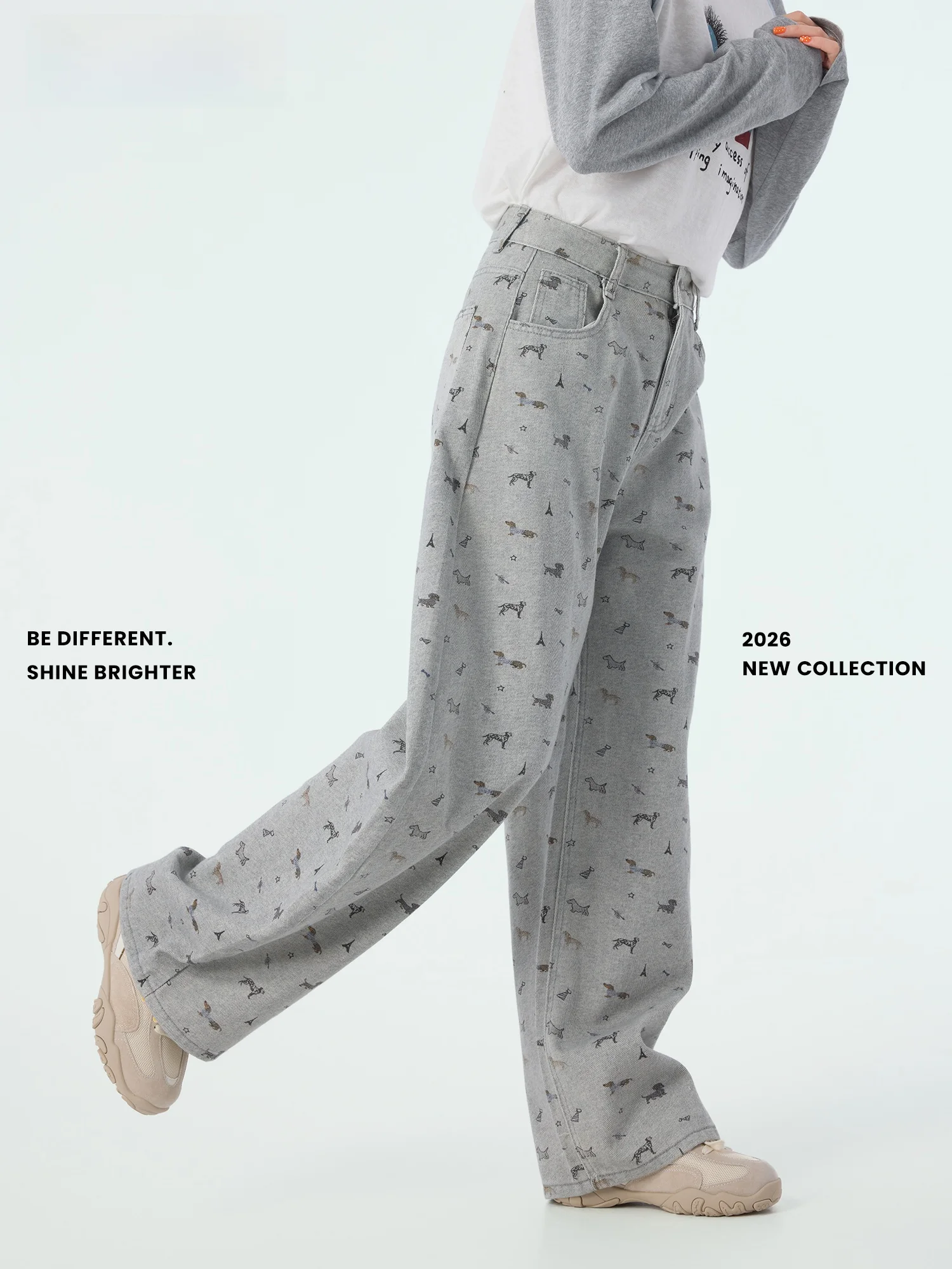 

Didimax Summer New Grey Printed Wide Leg Casual Pants Knife Loose Fit Trousers Women's Cotton Jeans Natural Waist