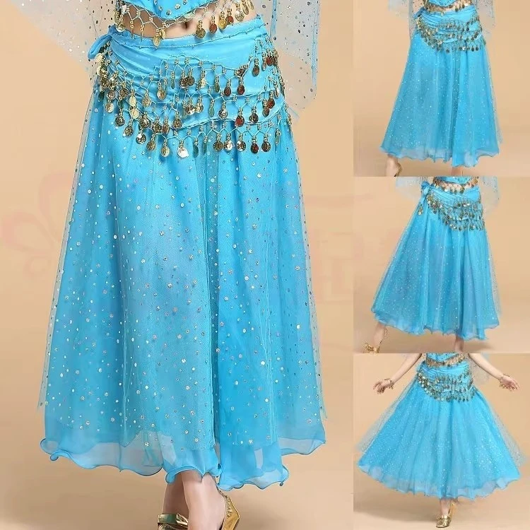 Personalizado desempenho de dança indiana costumessports saias de dança de fitness traje de dança do ventre saias de balanço grandes saias de pontos coloridos