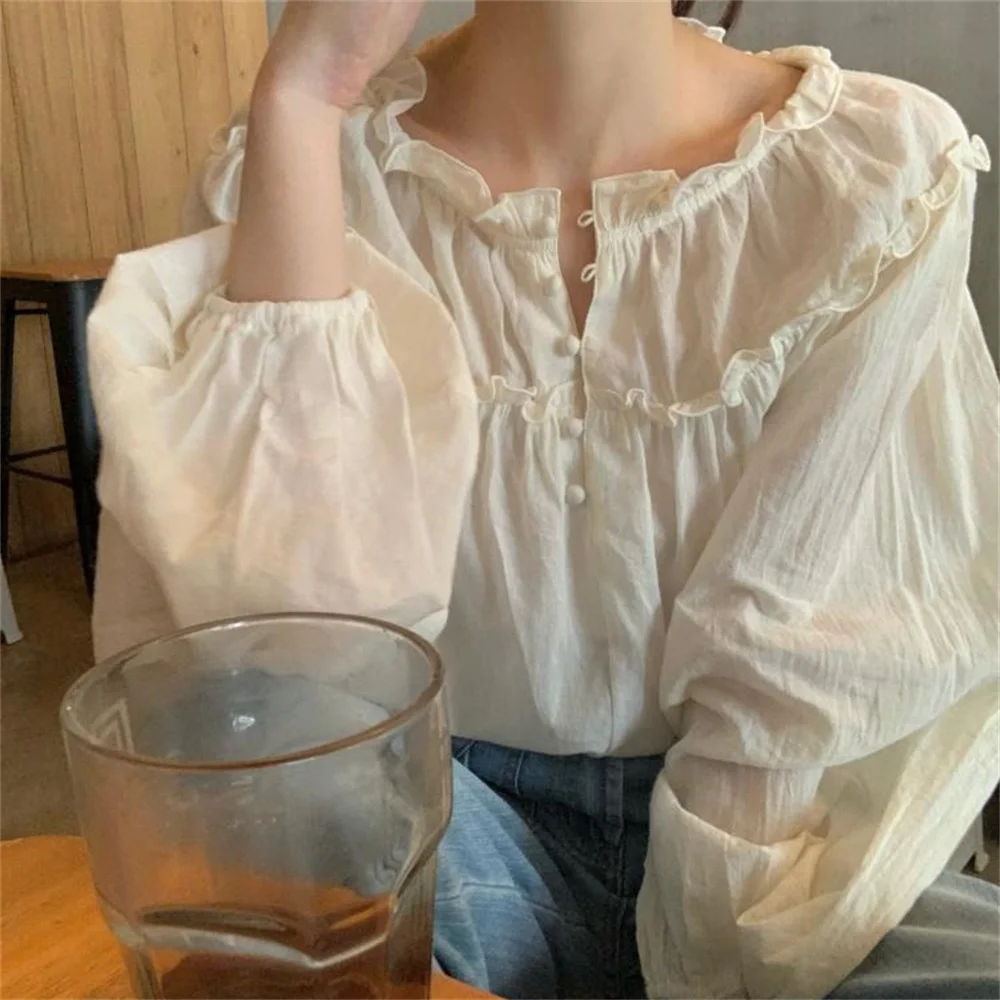 Camicette da donna casual con maniche a sbuffo larghe ed eleganti primavera retrò tutto-fiammifero dolce donna estate nuove camicie con bottoni in stile coreano solido