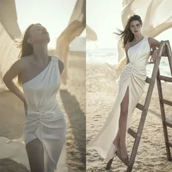 Sexy Boho Wedding Dresses One-shoulder Sleeveless High-split Mermaid Beach Bridal Dress Custom Made Ruffle Satin Sweep Train
