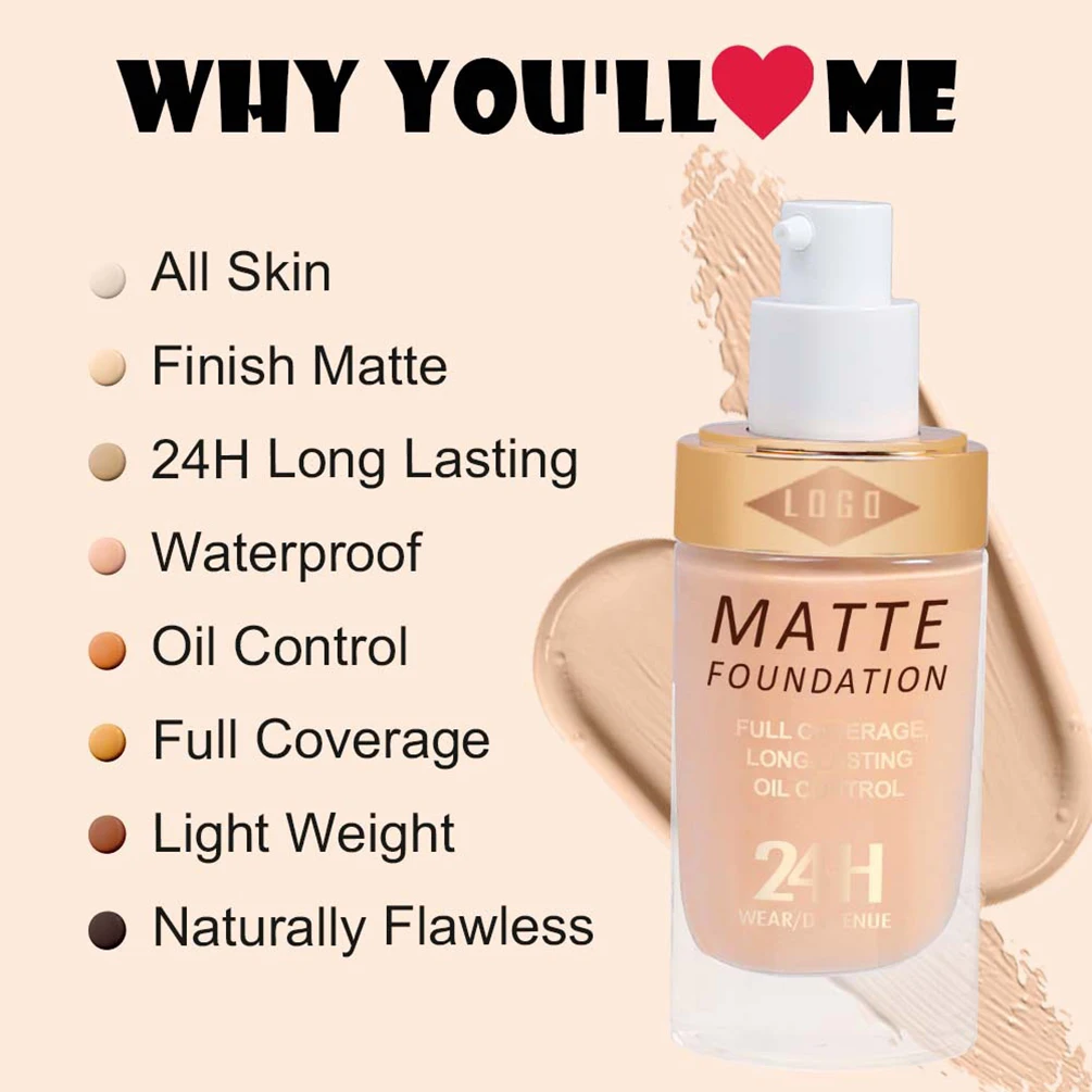 Base Líquida de 18 Cores com Logotipo Personalizado, Não Desbotável, À Prova d'Água, Acabamento Matte, Corretivo de Cobertura Total, Maquiagem de Long