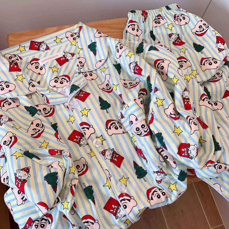 Cartoon Anime Cute Crayon Shin chan Cotton Pajamas Couple Spring and Autumn Long sleeved Pants Men and Women Home Clothes Set