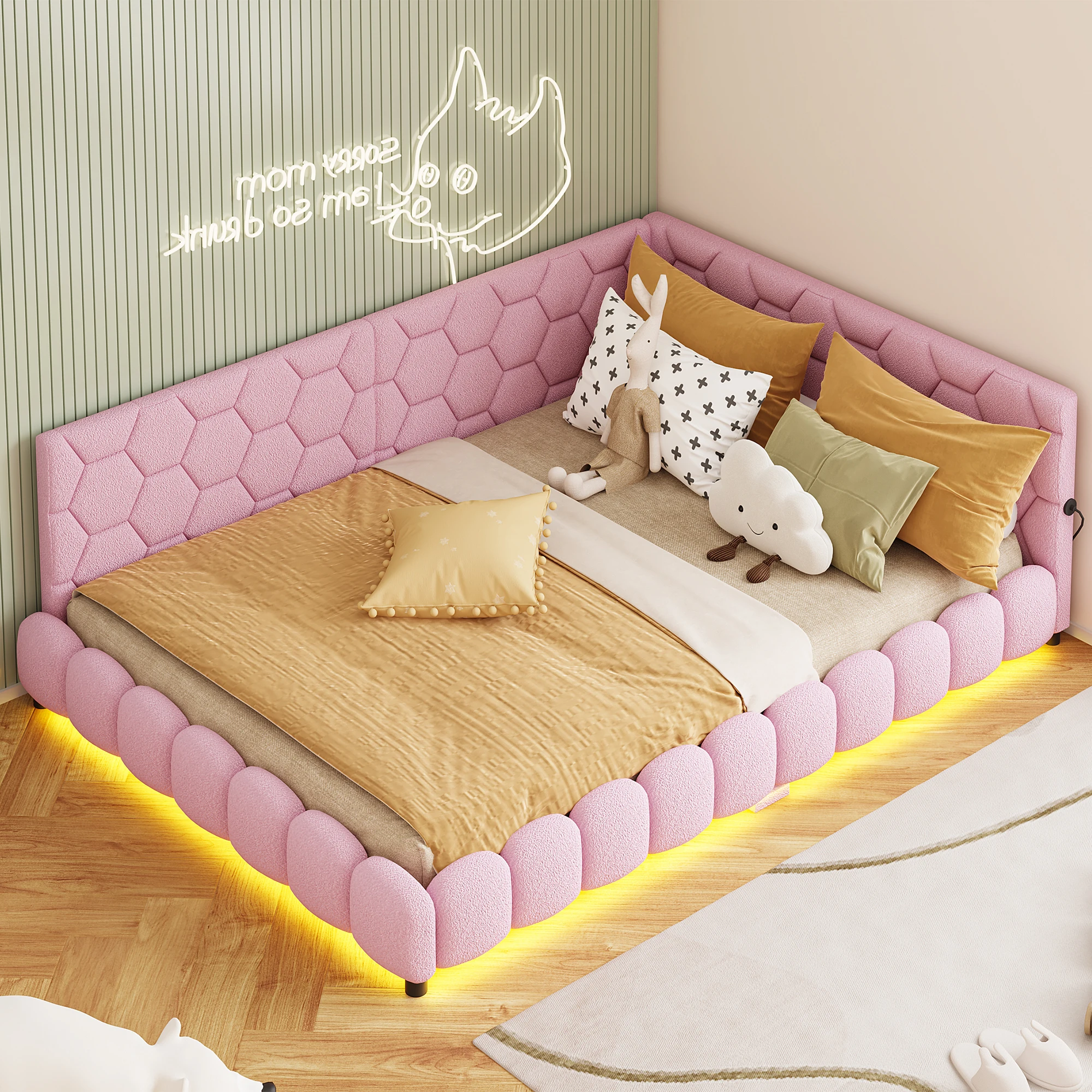 Gepolstertes Bett, Schlafsofa 140 x 200 cm, Doppelbett mit USB-Aufladung und LED-Lichtleiste,