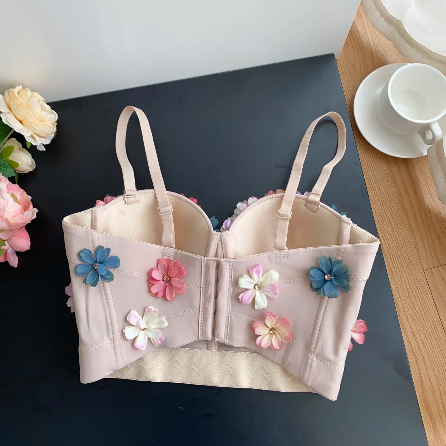 Sexy Hotsweet Backless Elegant Sleeveless Vintage Rhinestone Three-dimensional Flower Slim Beach High Street  Straps Camis Top