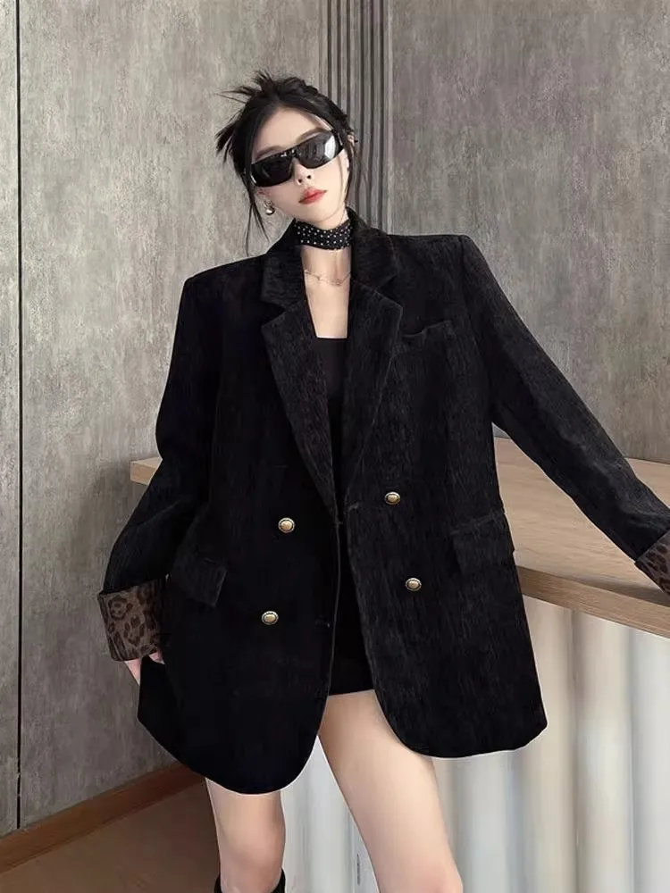 Vintage High-end Fashion Suit Jacket Women's Spring and Autumn Stitching Leopard Print Black Casual Shoulder Pad Suit Top Trendy