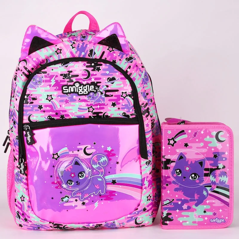 Australian Smiggle Elementary School Pink Space Cat Reduces Burden Shoulders Large Capacity Backpack Children\'s Travel Backpack