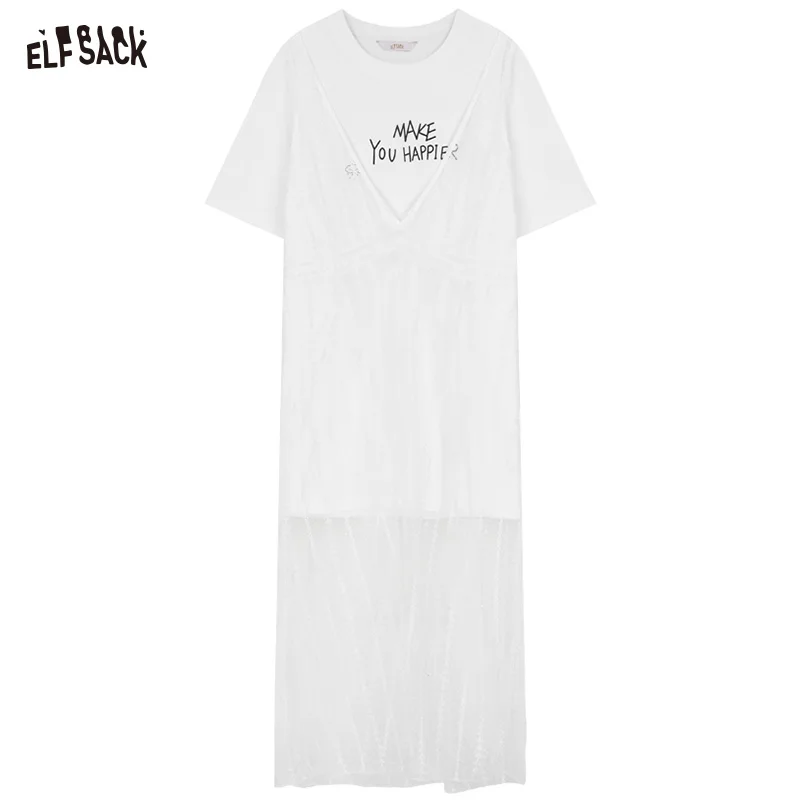 ELFSACK 2024 summer new arrival Mesh T-shirt for slim fit and waist-hugging white dress with niche design for women