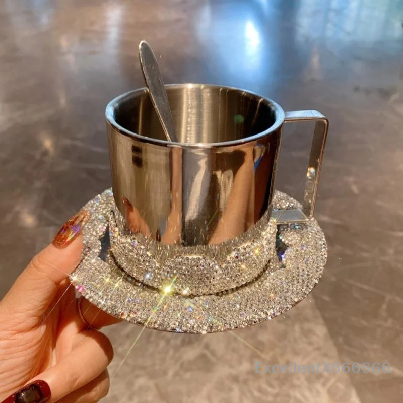

280ml Coffee Cup Set Bling Rhinestone Stainless Steel Mug With Spoon Tea Cup Breakfast Milk Cup Saucer Office Home Mug Gift