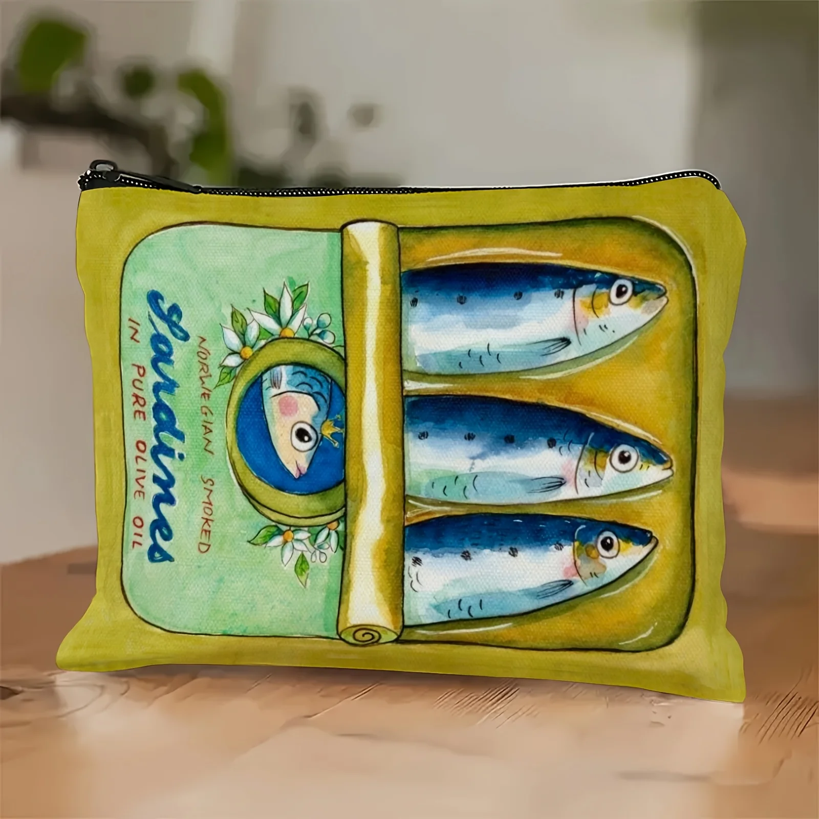 Retro Cosmetic Bag Featuring Sardines Yellow with Blue Fish Green Backdrop Free from Formaldehyde Chic Zipper Pouch Makeup Bag