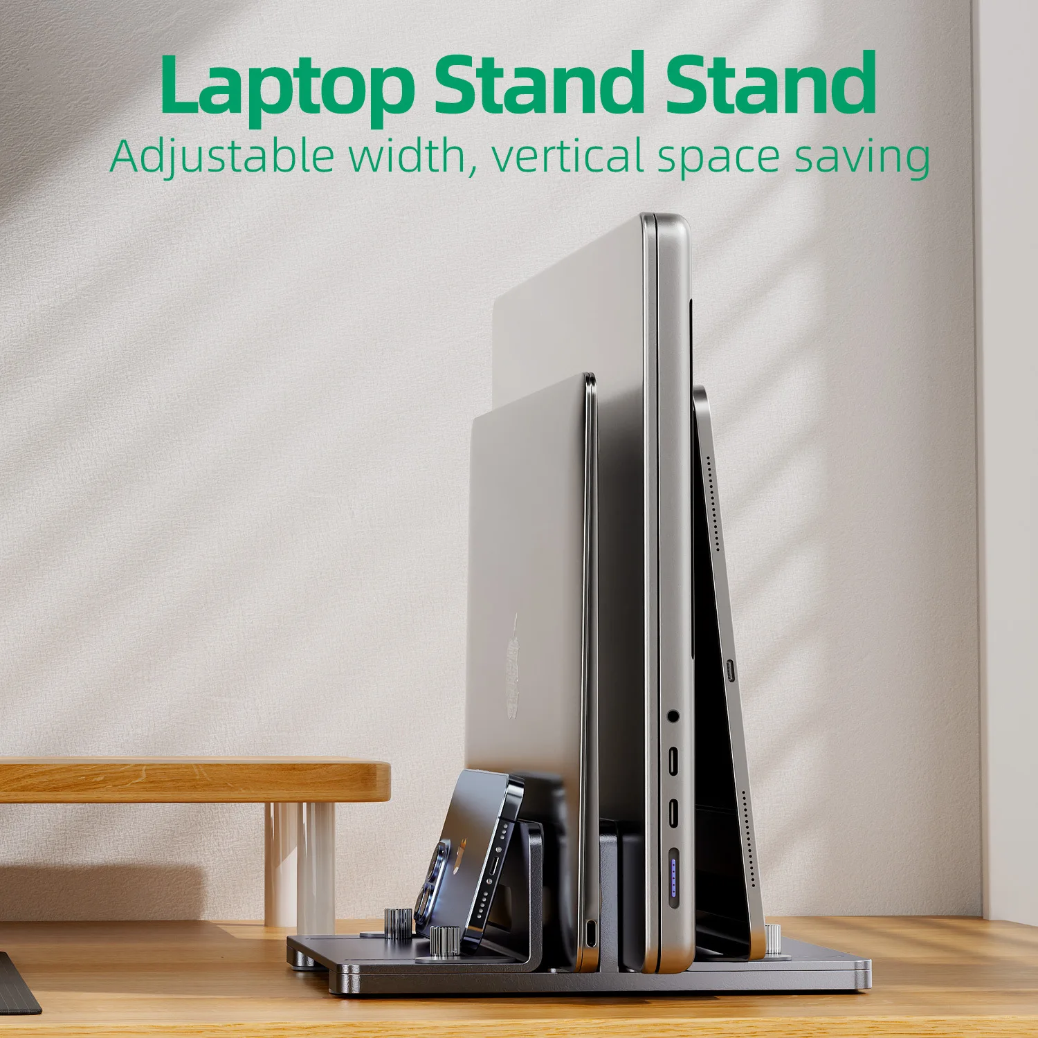 Dual Slot Adjustable Vertical Laptop Stand Alloy Space Saving Holder for MacBook Chromebook Surface HP Dell Book IPad