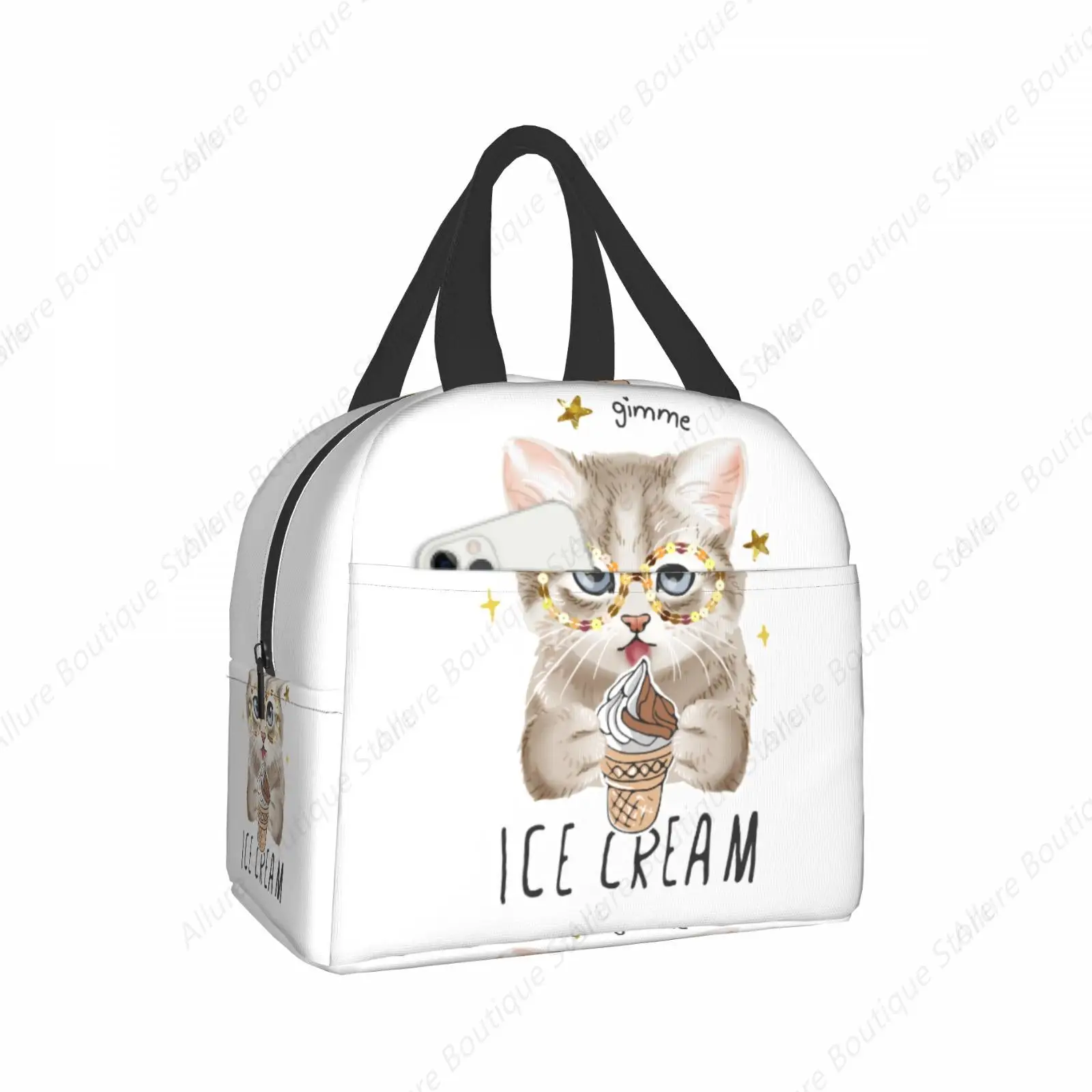 

Сумка для обеда «Кот ест», мороженое, водонепроницаемая изолированная холщовая сумка-холодильник, термосумка для холодной еды, пикника, путешествий для женщин и детей