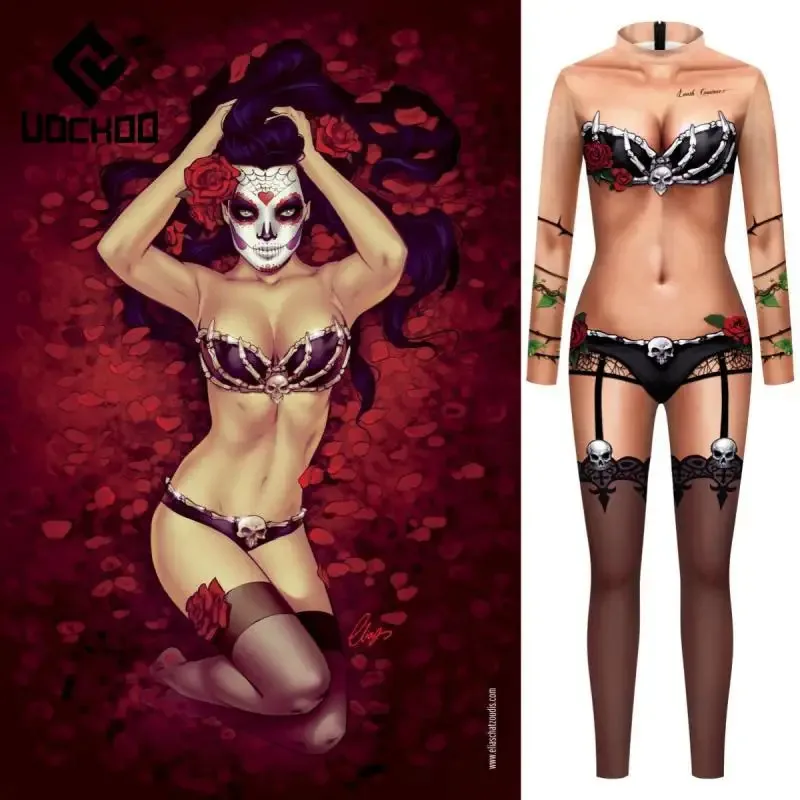

Женский костюм для косплея на Хэллоуин, сексуальный комбинезон с принтом черепа, праздничное забавное платье, маскировочная одежда, костюм зентай