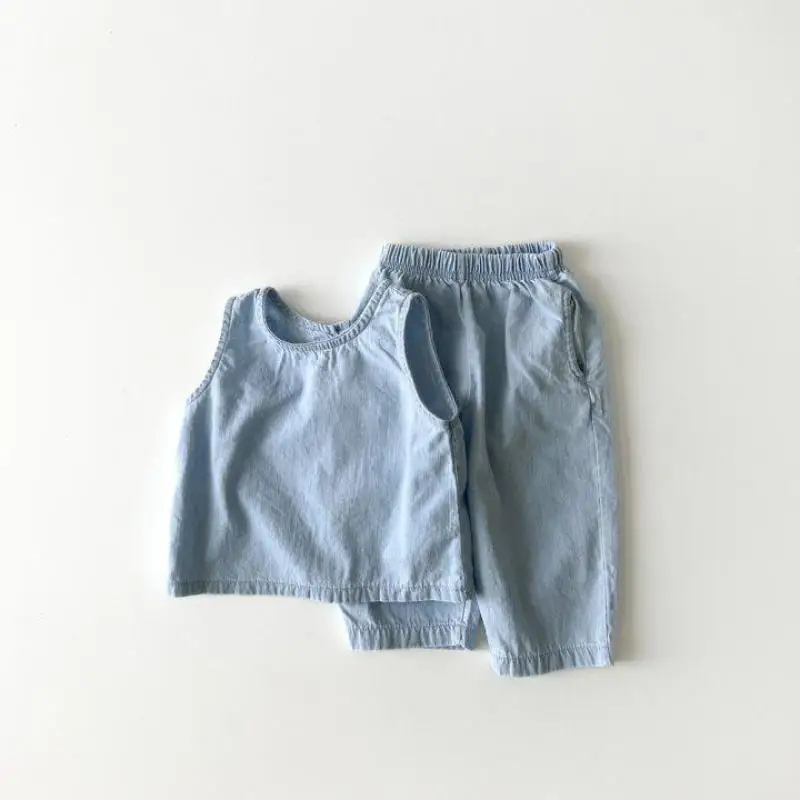 

Summer Children's Clothing Solid Kids Girls Denim Vest Set Boy Cotton Bluey Tops+ Pants 2pcs Baby Casual Sleeveless T-shirt Suit