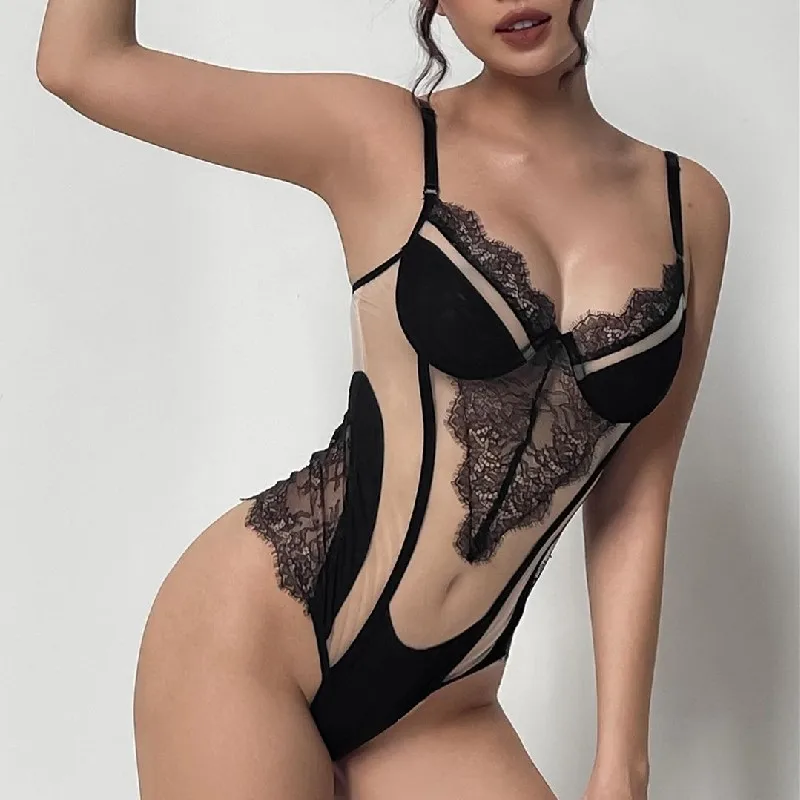 

Womens Lace See Through Mesh Bodysuits Shapewear V-neck Halter Bodysuit Sexy Slim One Piece Jumpsuit 2024 Summer Body Shaper Top