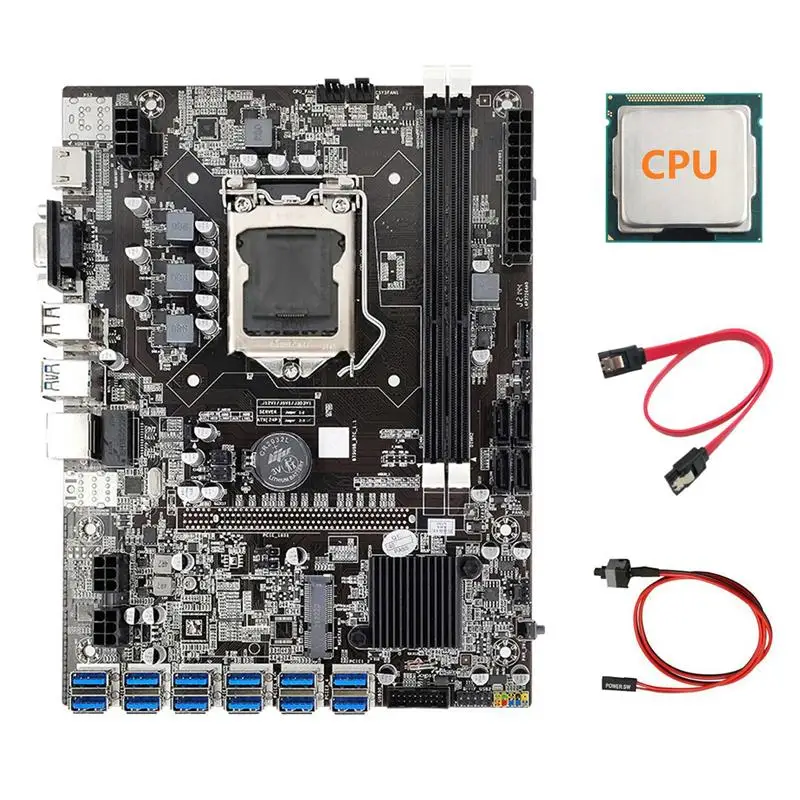 New B75 ETH Mining Motherboard with CPU+Switch Cable+SATA Cable LGA1155 12 PCIE to USB MSATA DDR3 B75 USB BTC Motherboard