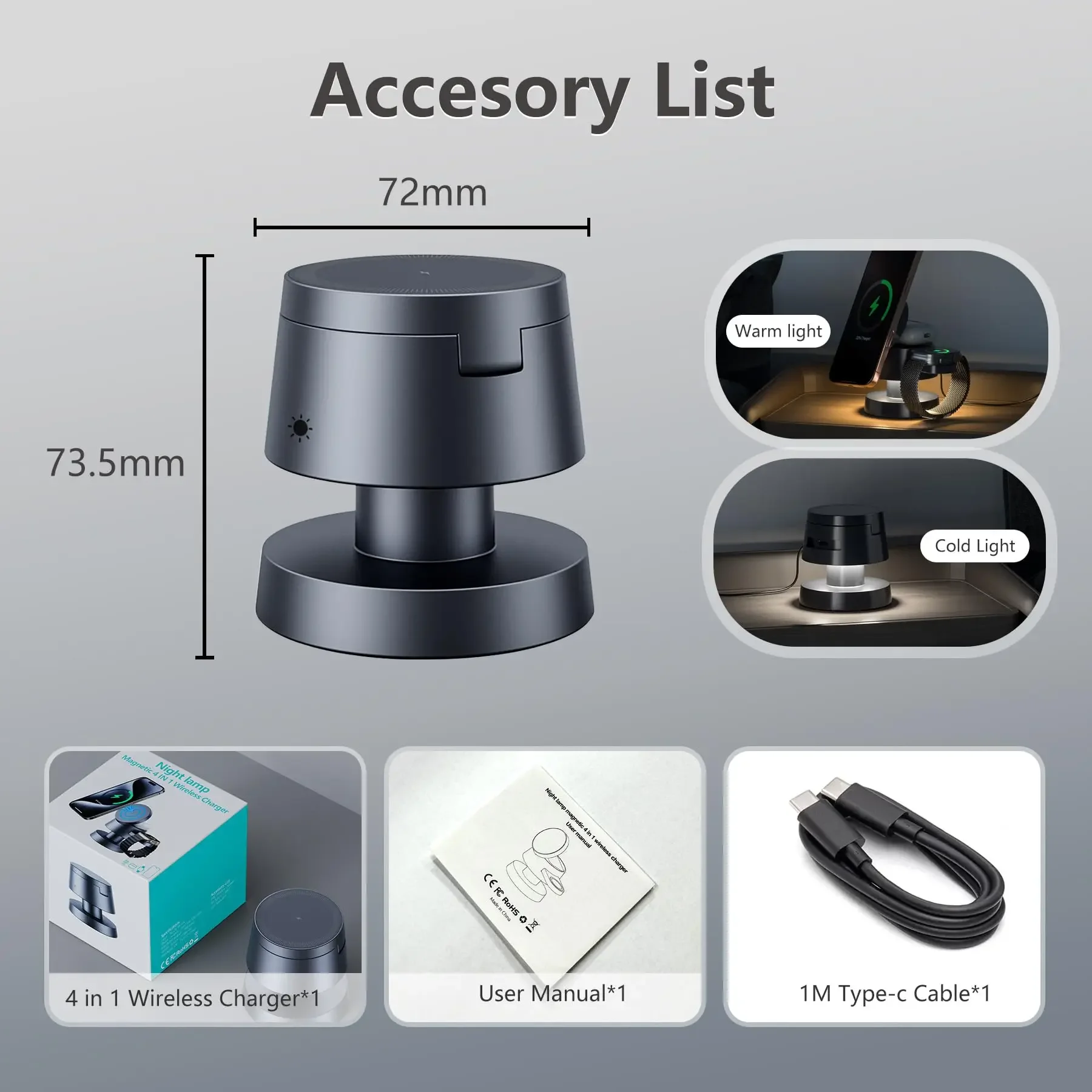 For IPhone 16 Pro Max 4 in 1 Wireless Charging Station Cube with Night-Lamp for MagSafe Charger for Apple IWatch Ultra, Airpods