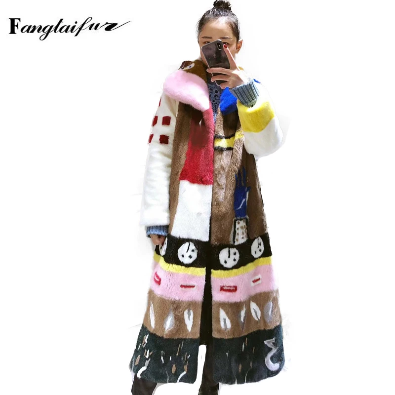 Ftangaiur Winter Import Velvet Mink Fur Coat Turn-Down Collar Patchwork Color Mink Coat Women X-Long Natural Real Mink Fur Coats