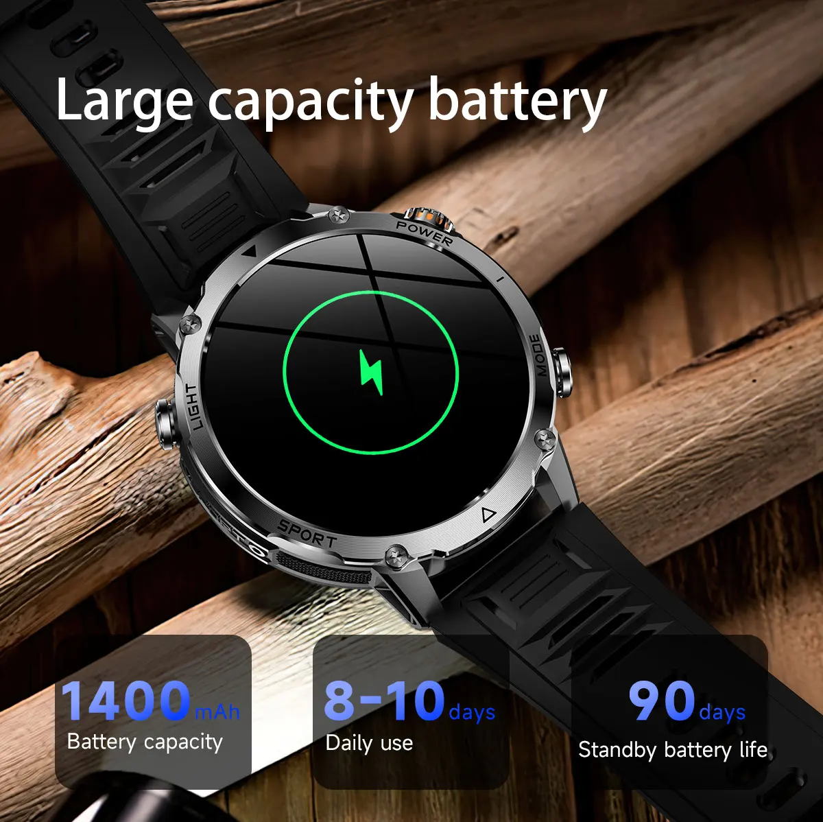 Robuste und langlebige 1400mAh Batterie Smartwatch für Herren Outdoor-Taschenlampe IPX8 Wasserdicht Herzfrequenzmessung Drahtlose Anruffunktion Sportarmbänder – Detail 14