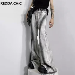 REDDACHIC Men Dirty Wash Gray Flare Jeans Relaxed Raw Edge Tie Dye Distressed Bootcut Pants Bell Bottoms Grunge Retro Streetwear