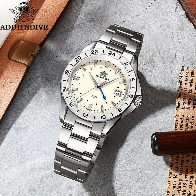 ADDIESDIVE 38MM GMT Movement Quartz Watch Sapphire Glass Stainless Steel 20Bar Waterproof Men Dive Watches AD2063 relojes hombre