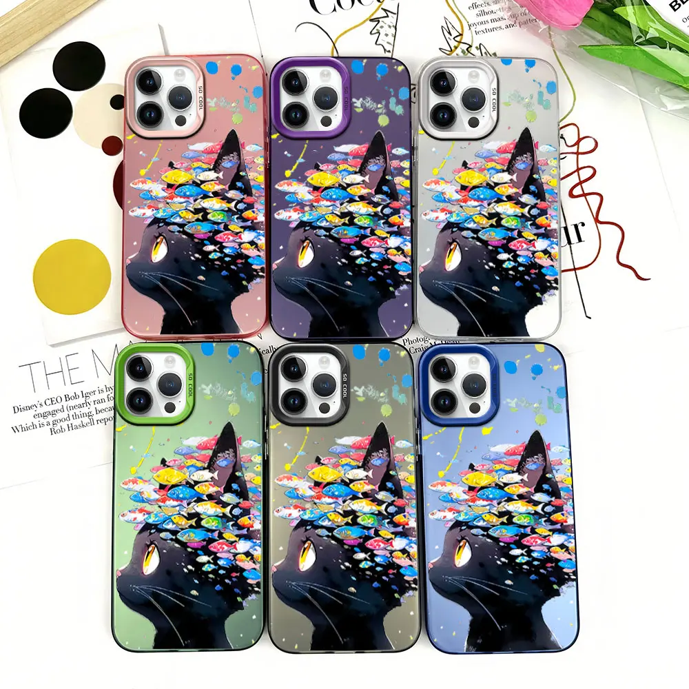 

Cute Colorful Black Cat School Of Fish Phone Case for iPhone 12 11 13 14 15 16 Pro Plus IMD Plating Cover