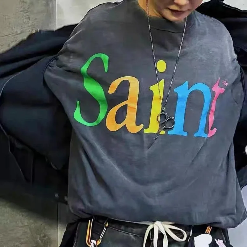 

Waed Vintage Long Sve T-irt Letter Base Layer Couple's Cotton Tee Loose Fit Casual Wear Everyday Use