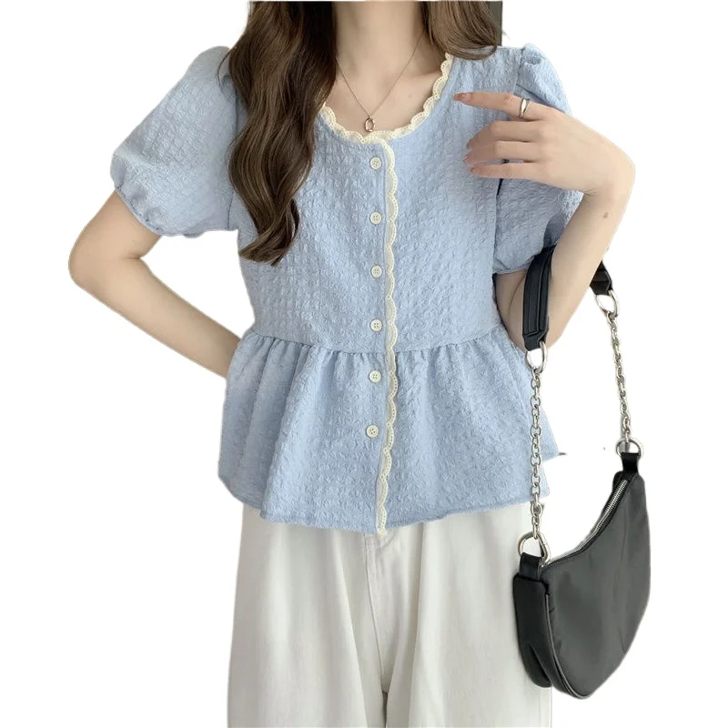 Ruffle Shirts and Blouses Korea Short Sleeve Top Women 2024 Summer Button Sweet Blouses Cute Elegant Solid Fashion Lace Clothes