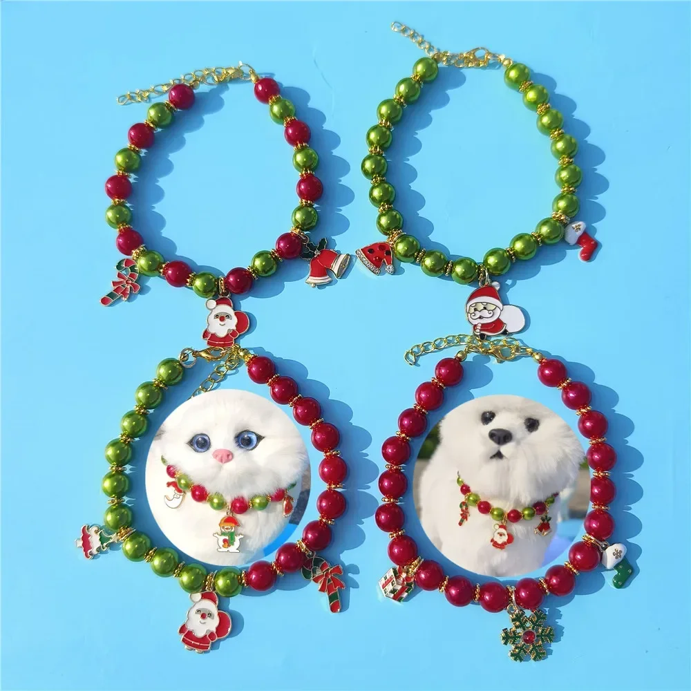 Pet Christmas Collars Cats Dogs Collar Pearl Animal Accessories Santa Claus Adjustable Cat Neck Strap Pet Grooming Accessory