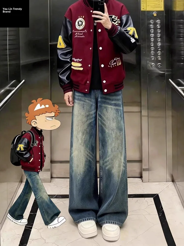 

Retro Blue Beard Pattern Flared Jeans Men's Winter Sli Fce Lined High Street Loose Straight Leg Trousers