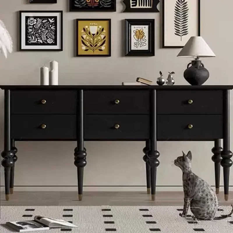 

French medieval entrance cabinet American light luxury solid wood black entry entrance table storage storage decorative