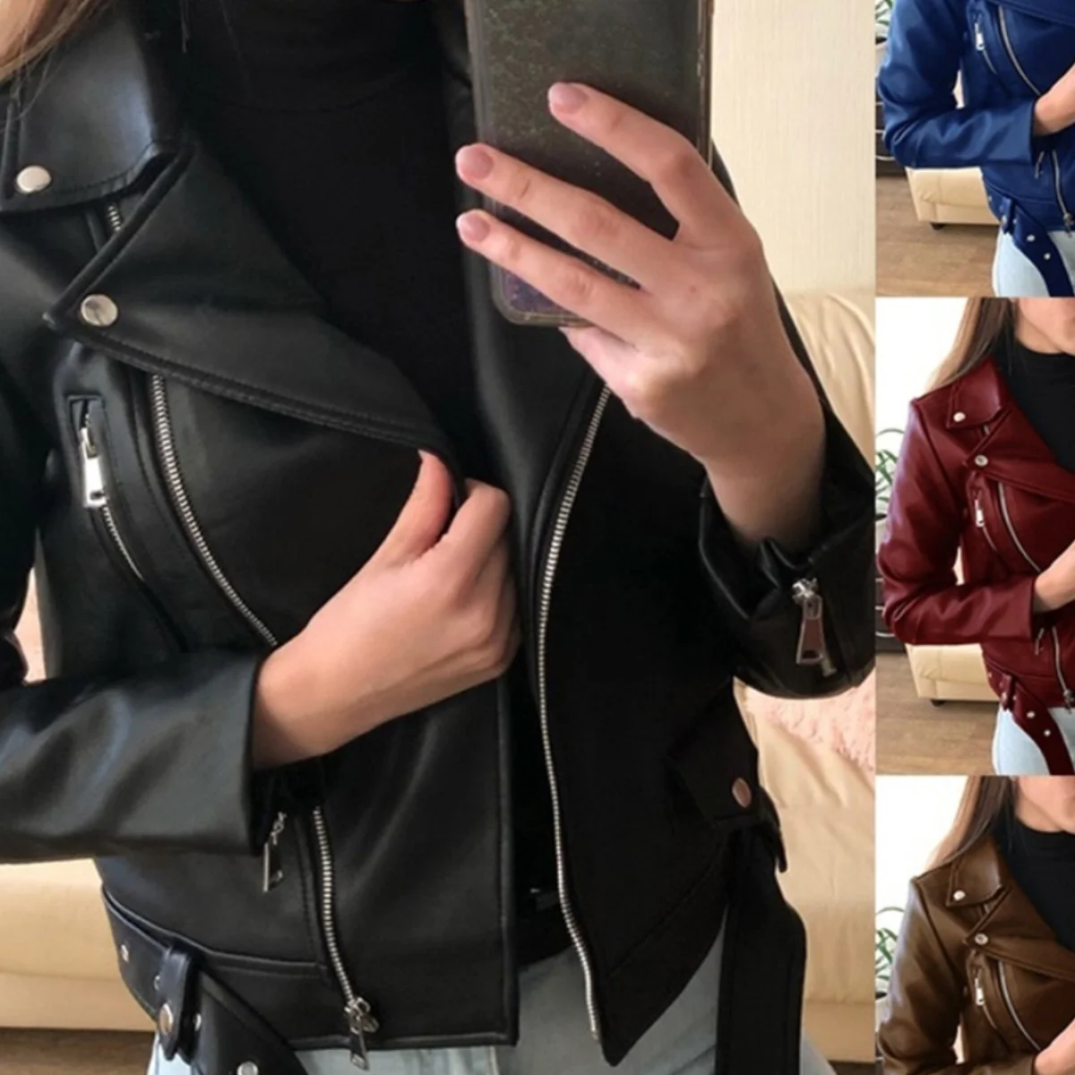

Slim Fit Short PU Biker Jacket Women's Fashion Workwear Style Zipper Closure Long Sleeve Polyester Short Coat