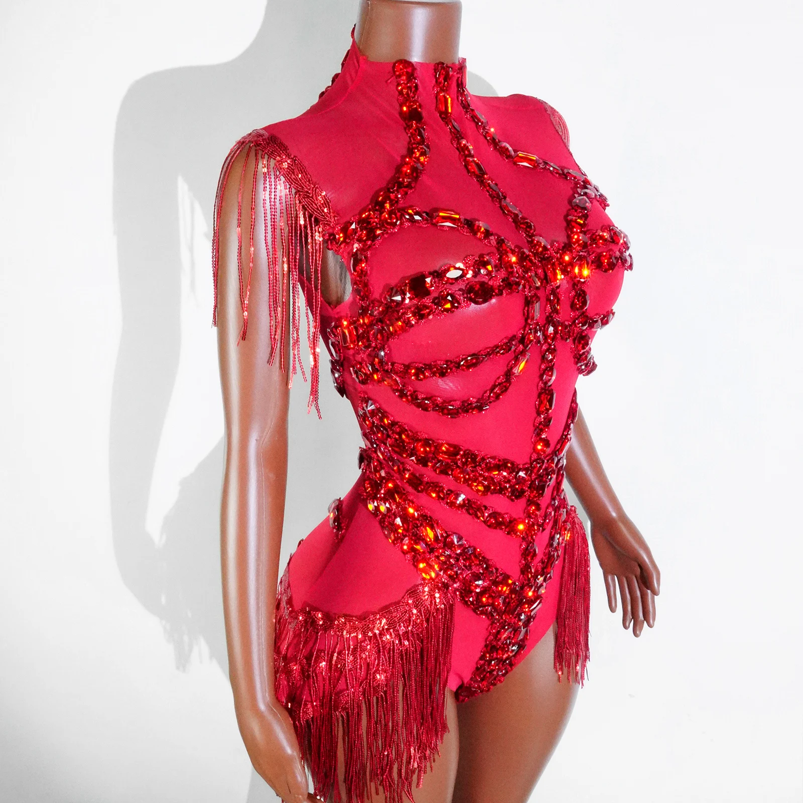 Nuovo stile sexy maglia trasparente strass nero strass body cantante ballerino spettacolo abito da palcoscenico celebra festa night club perforare