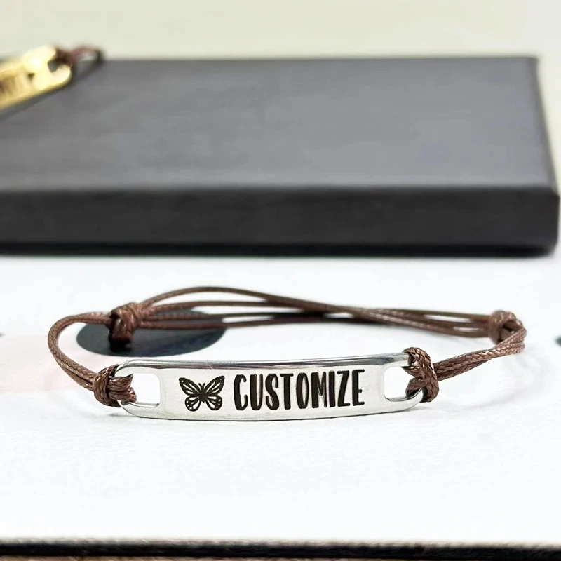 

Adjustable Leather Rope Custom Name Bracelet Stainless Steel Text Personalized pulseras Woman Man Couples Bracelet Jewelry Gift