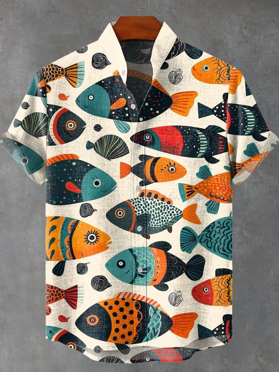 

2025 European and American New Summer Shirt Digital Fish 3D Printed Stand up Collar Short Sleeve Shirt Summer Beach Men's Shirt