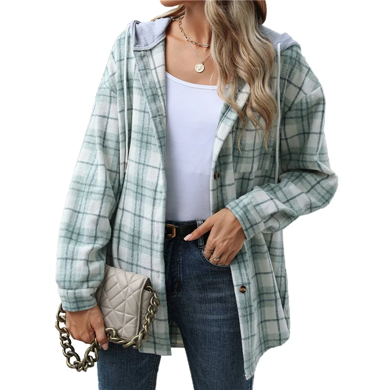 

Женская клетчатая куртка с капюшоном и длинными рукавами, повседневная осенняя рубашка на пуговицах и шнурке с карманами