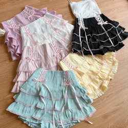 Japanese Kawaii Lolita Style Pleated Skirts Women High Waist Pink Bandage Fairy Y2k Aesthetic Skirt Cute Faldas Mujer Moda 2024