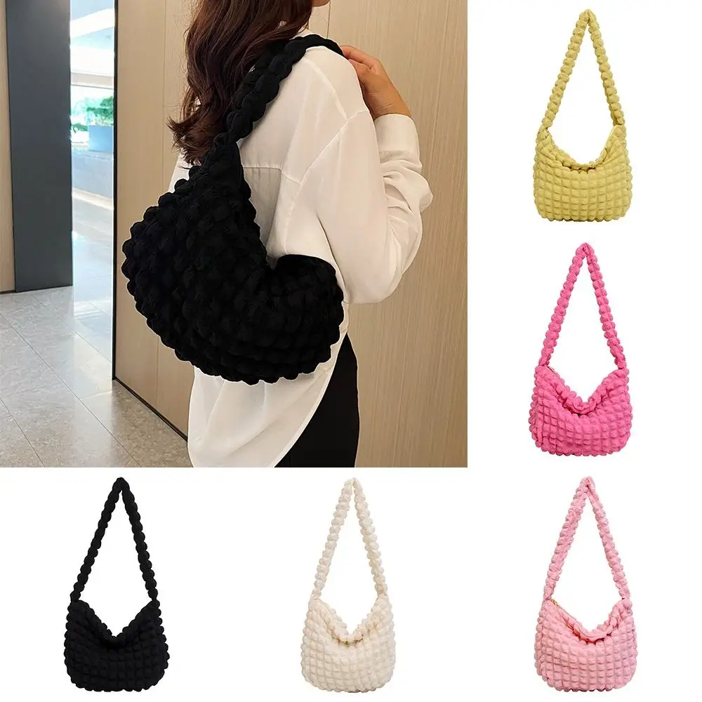 Bolso de hombro plisado a cuadros, bandolera de gran capacidad, Color sólido, estilo coreano, para exteriores