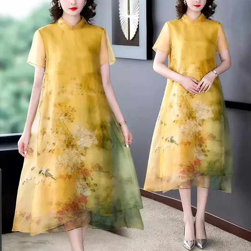 2025 Vintage Silk Dress for Mom Loose Chinese Style Qipao Dress Elegant Summer Clothes High End Temperament Big Size K699