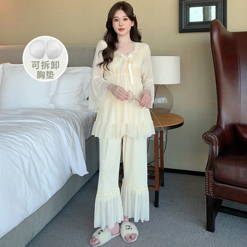 Princess Style Mesh Nightwear Long Sleeve Pajamas Suit Girl Sweet Homewear Spring Summer Pyjamas Modal Shirt&pants Loungewear