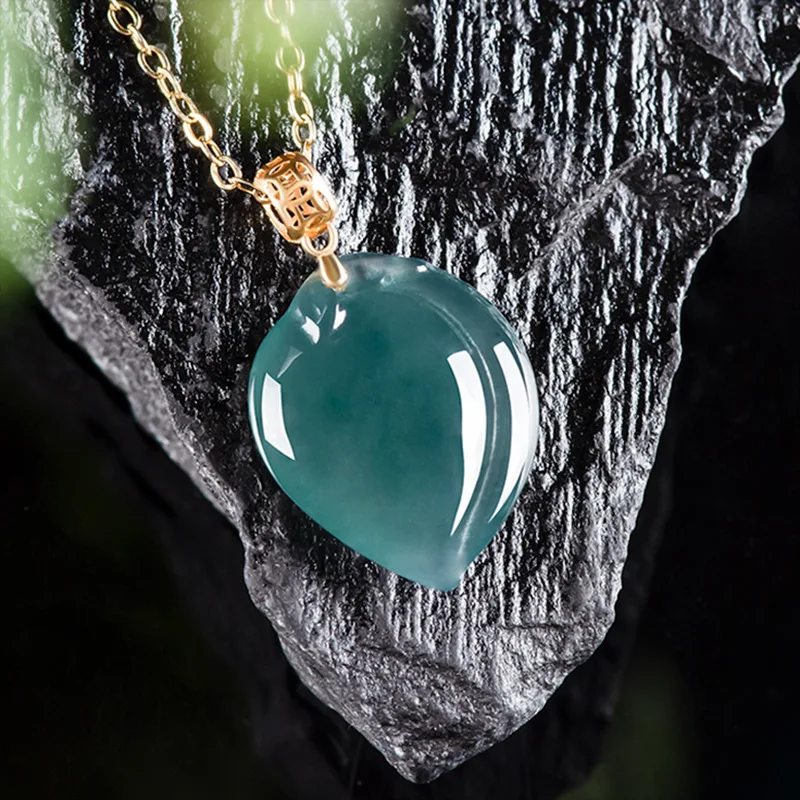 Blue Burmese Jadeite Peach Pendant Necklace 18K Gold Plated Stone Charm Burmese Jade Real Jewelry Talismans Vintage