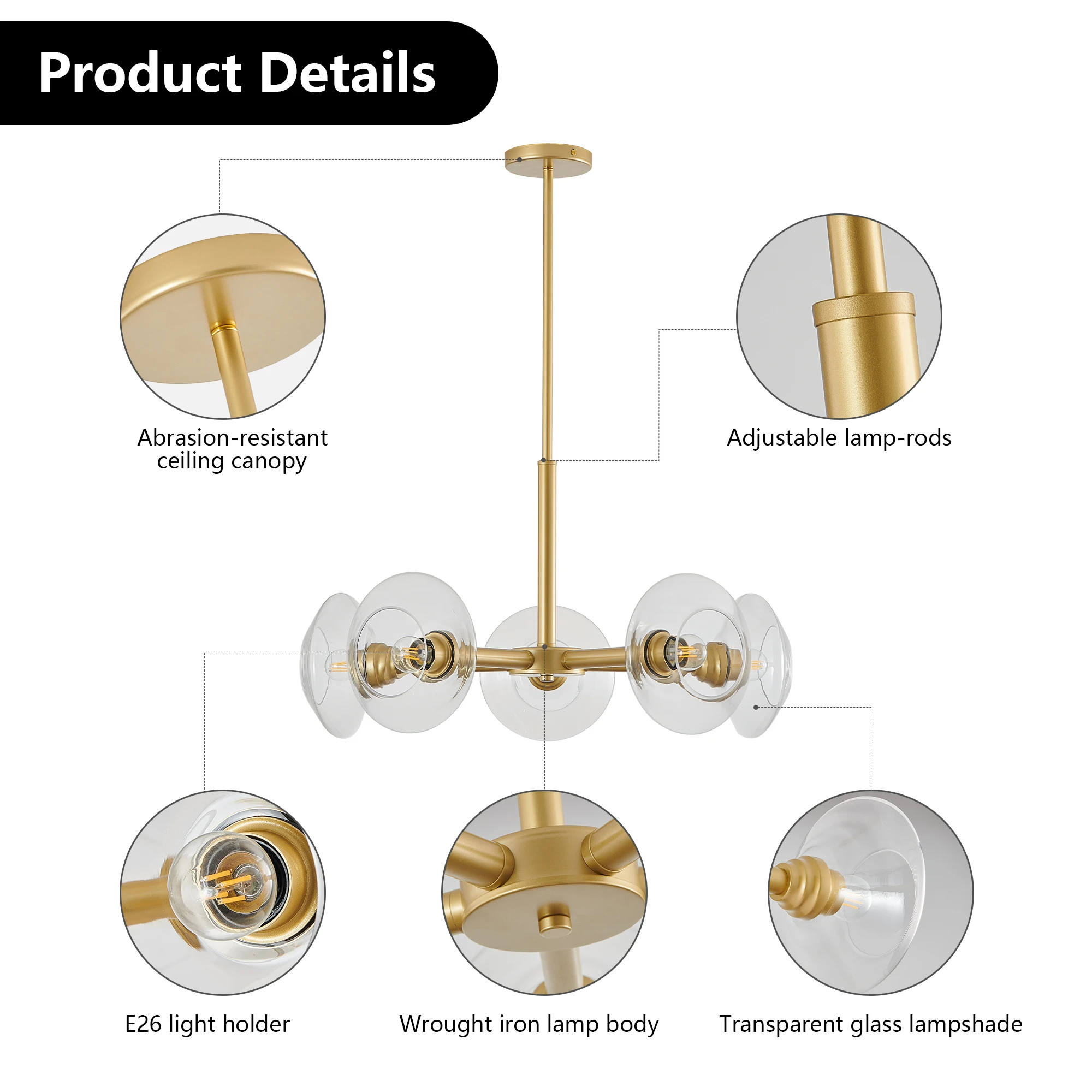 5-Light Modern Gold Chandelier with Clear Glass Shades, Mid-Century Hanging Pendant Light Fixture(Bulb Not Included)