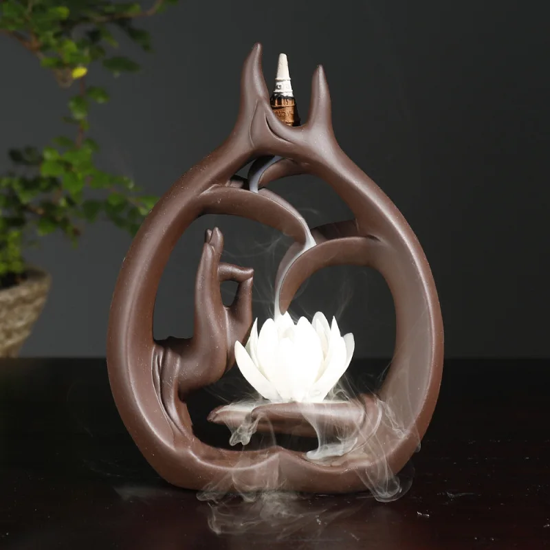 

Purple Clay Backflow Incense Burner Creative Buddha Hand White Lotus Backflow Incense Burner Home Craft Ornament