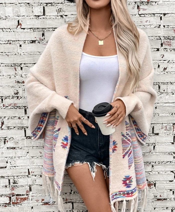 Open Front and Wraps Knit Cape Pop Aztec Geometric Ethnic Style Tassel Design Cardigan 2025 Autumn Winter New Fashion Casual