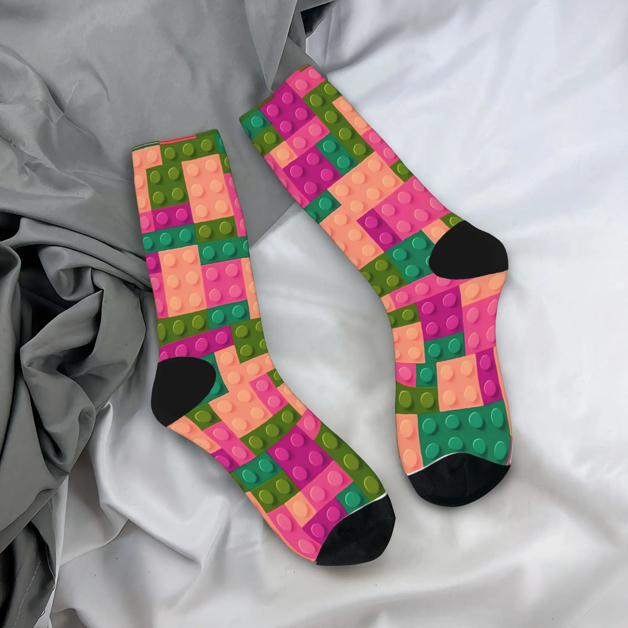 Pink Green Building Blocks Pattern Stockings Men Socks Medium Soft Casual Socks Winter Cycling Anti Skid Printed Socks Present