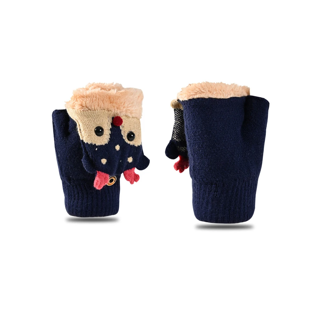 Children Winter Gloves Christmas Cartoon Elk Flip Half-Finger Mittens For Girl Boy Kids Warm Plush Lined Fingerless Glove