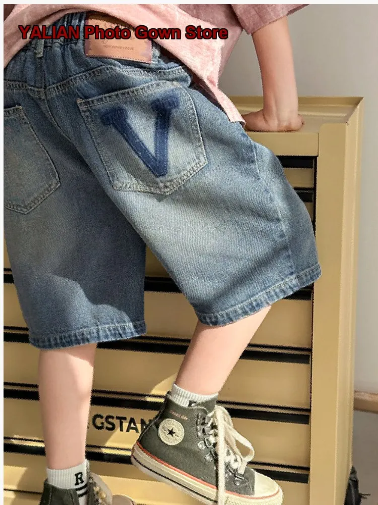 Boys Denim Shorts Kids Summer Washed Light Blue Solid Color Older Kids