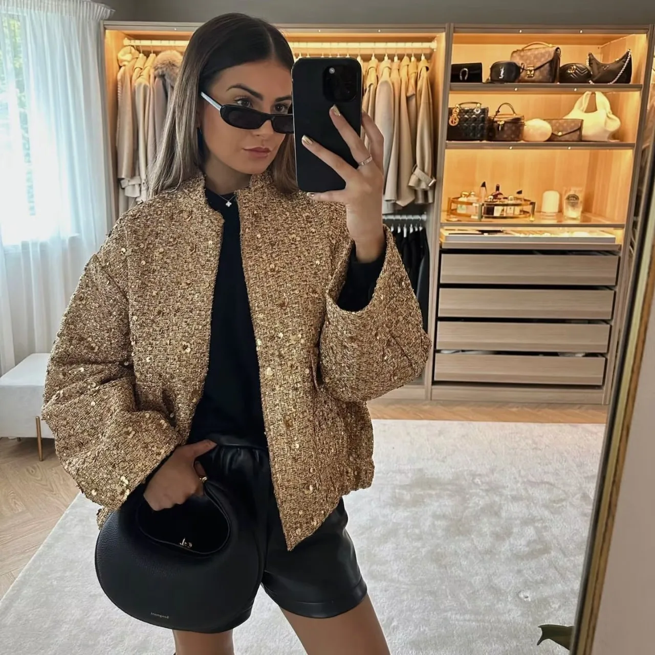 

Women's Chic Sequined Bomber Jacket O Neck Long Sleeve with Pockets Stretchy Hem Fall Outerwear