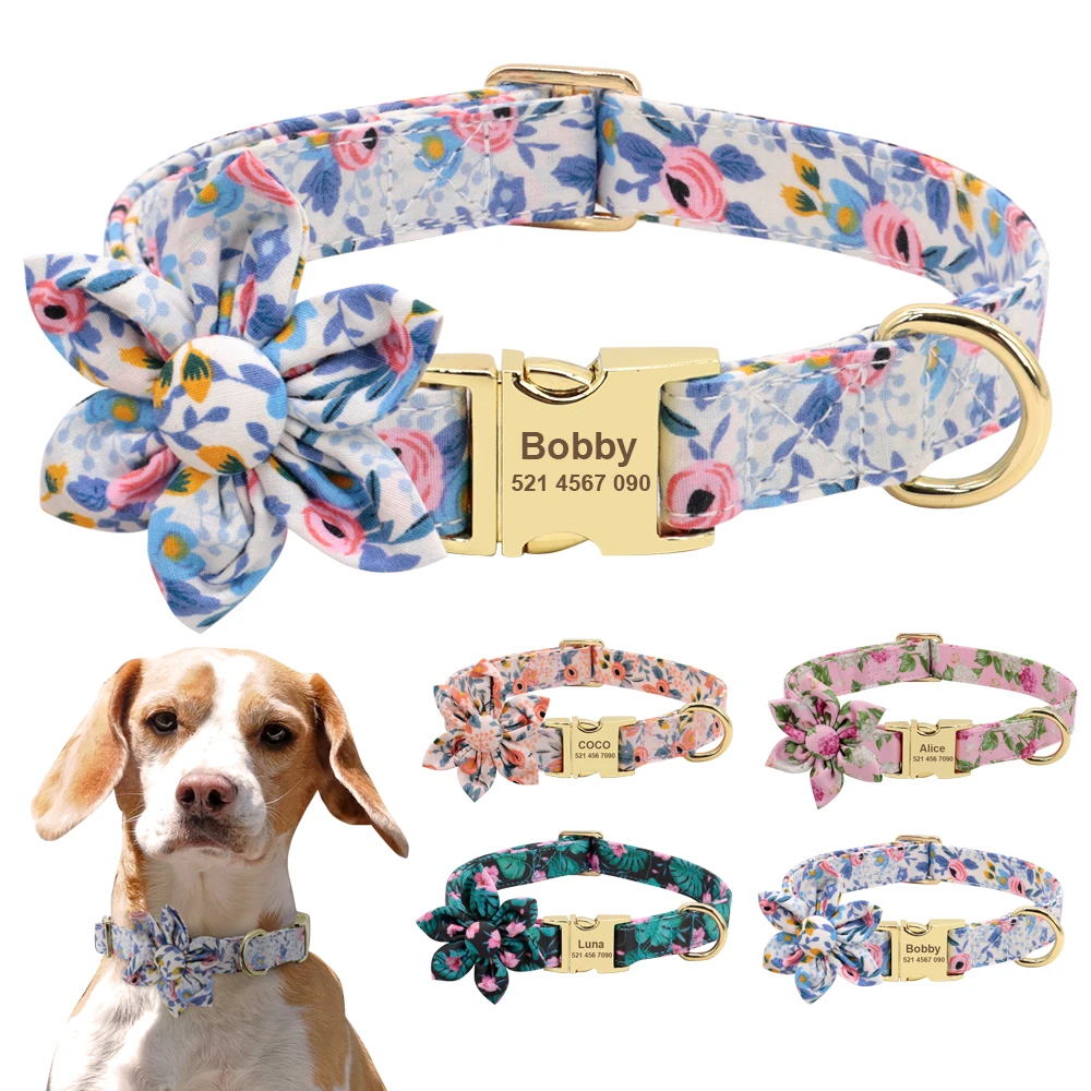 Printed Nylon Dog Collar Free Custom Dogs Collars With Flower Accessories Engraved Pet ID Necklace For Small Medium Large Dogs