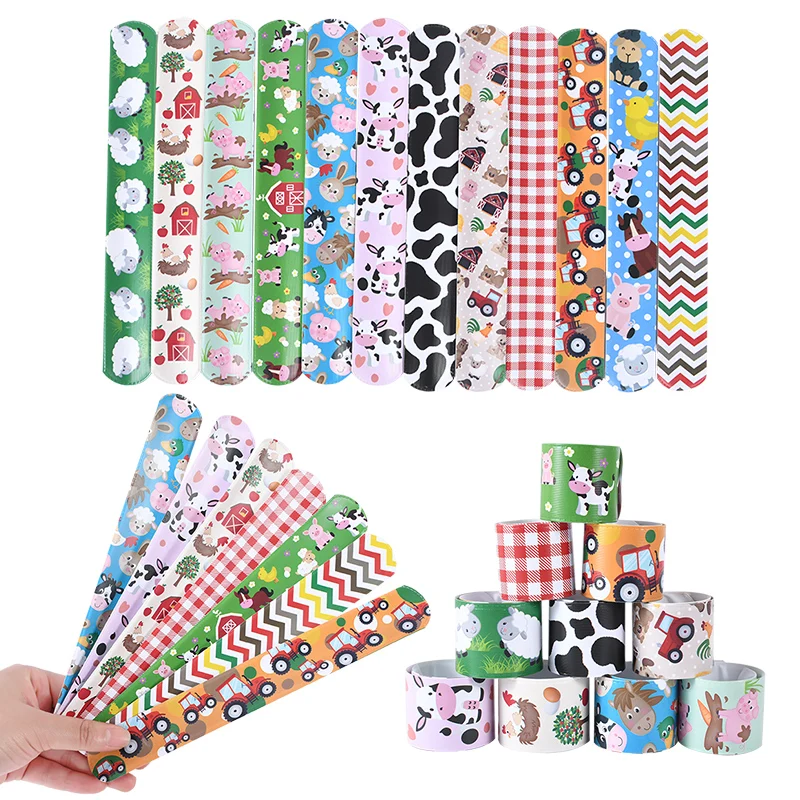 

12pcs Random Mix Cartoon Animals Clap Circle Girl Animal Theme Cows Pigs Rabbit Sheep Slap Bracelets Birthday Supplies Kids Toys