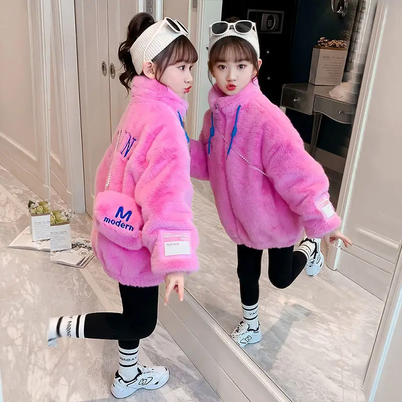 New Winter Plush Style Winter Girls Jacket Fashion Padded Lining Keep Warm Hooded Coat For Kids Children Birthday Present